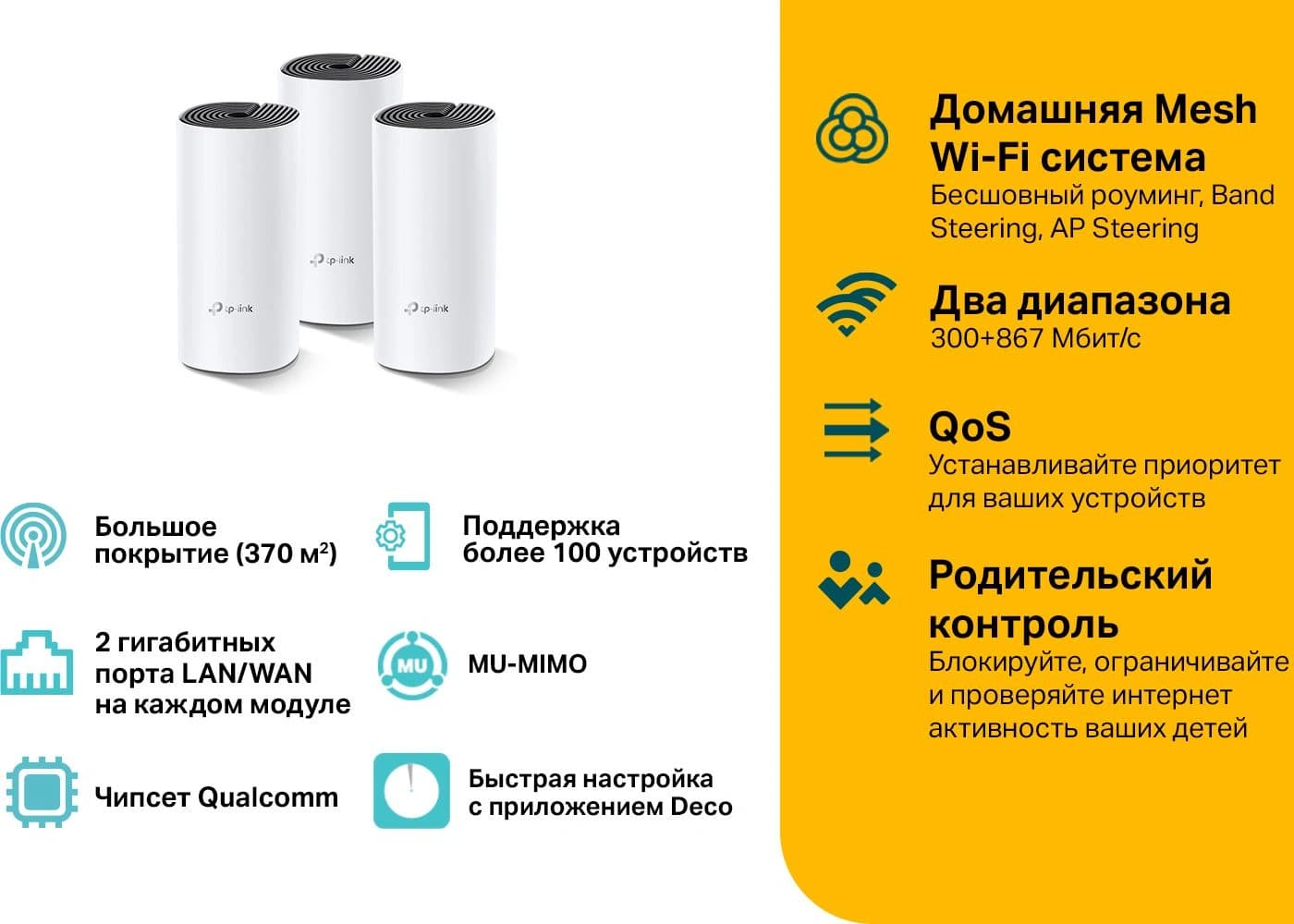 Бесшовный Mesh роутер TP-Link Deco M4 (DECO M4(3-PACK)) AC1200 10/100/1000BASE-TX белый (упак.:3шт) - фото 4