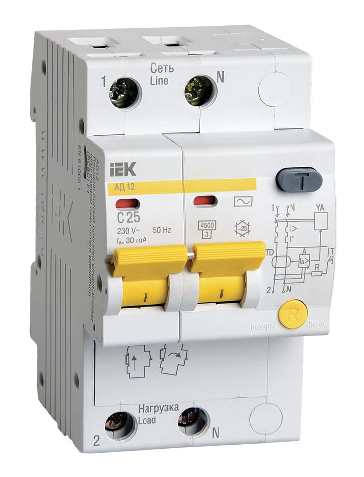 Выключатель автом. дифф. тока IEK MAD10-2-025-C-030 АД12 25A тип C 4.5kA 30мА AC 2П 230В 3мод белый (упак.:1шт)