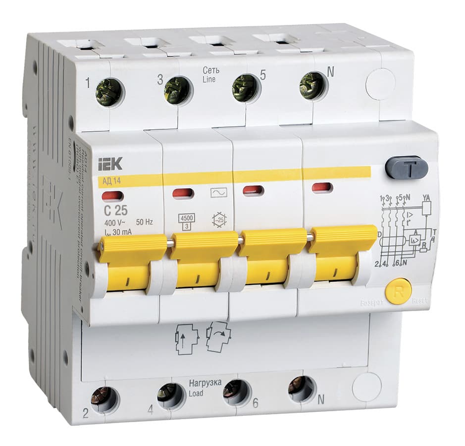 Выключатель автом. дифф. тока IEK MAD10-4-025-C-030 АД14 25A тип C 4.5kA 30мА AC 4П 230/400В 5мод белый (упак.:1шт)