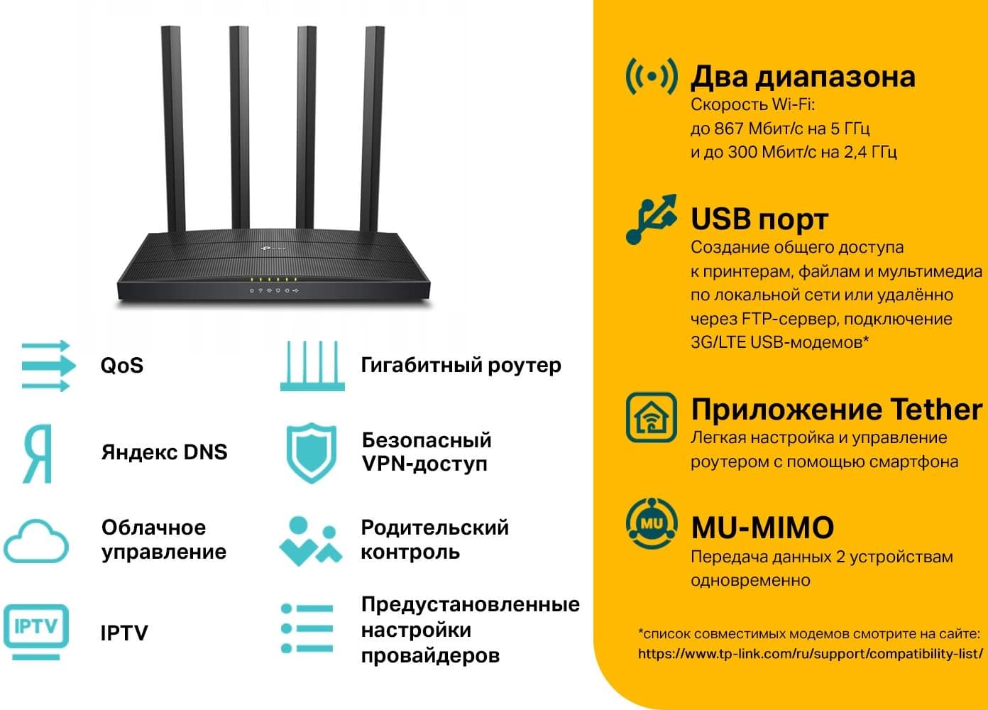 Роутер беспроводной TP-Link Archer C6U AC1200 10/100/1000BASE-TX черный - фото 1