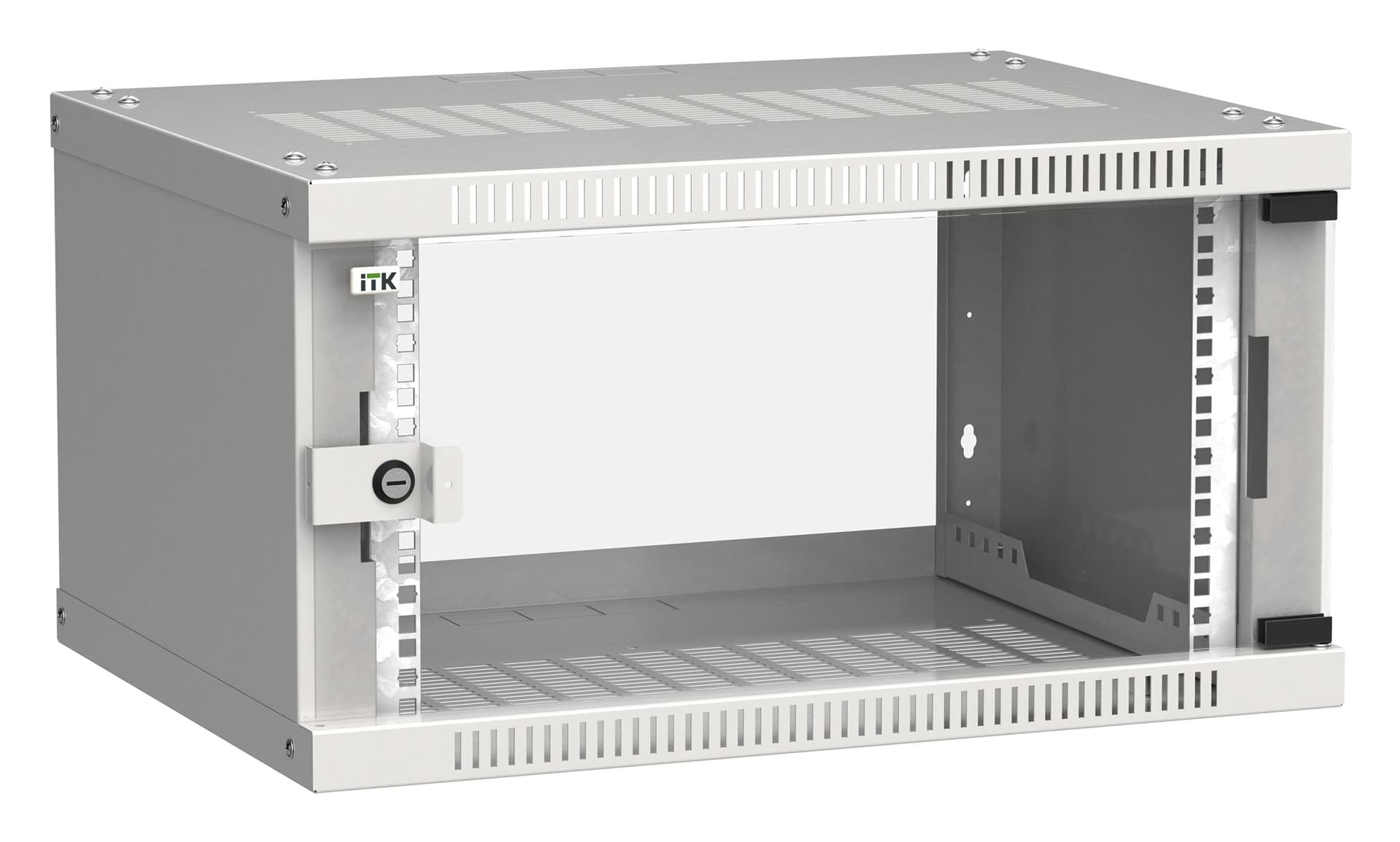 Шкаф коммутационный ITK Linea WE (LWE3-06U64-GF) настенный 6U 600x450мм пер.дв.стекл направл.под закл.гайки 50кг серый 400мм 11кг 200град. 320мм 20 сталь - фото 1