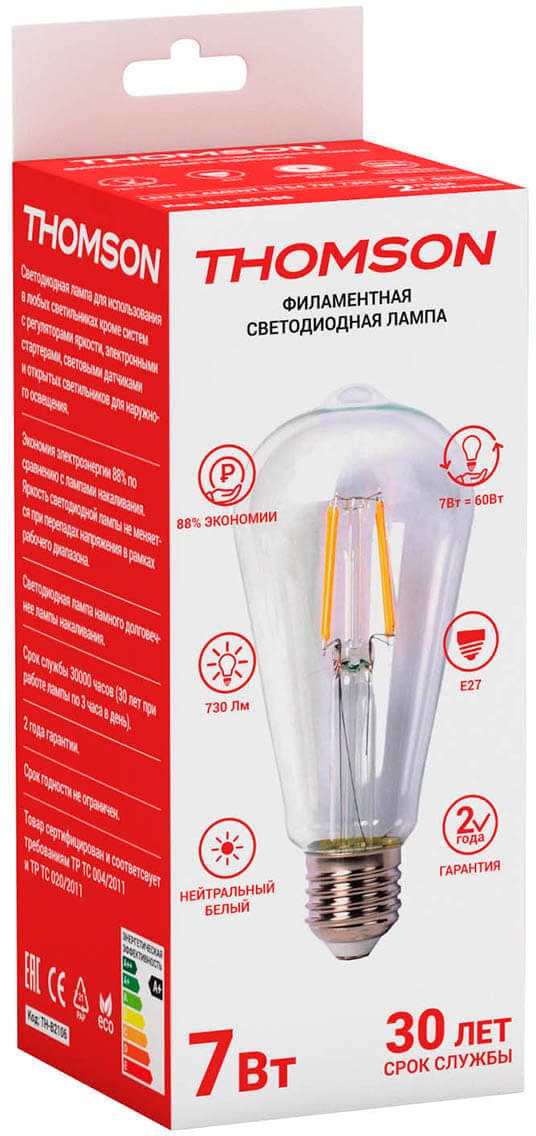 Лампа филам. Thomson Filament TH-B2106 7Вт цок.:E27 груша 220B св.свеч.бел.нейт. ST64 (упак.:1шт) - фото 4