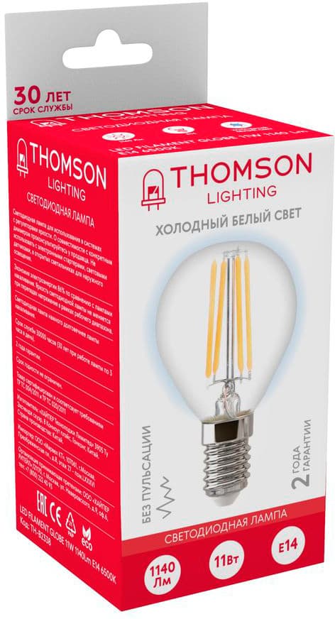 Лампа филам. Thomson Filament TH-B2338 11Вт цок.:E14 шар 220B св.свеч.бел.хол. Globe (упак.:1шт) - фото 4