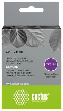 Картридж ленточный Cactus CS-TZE141 TZe-141 черный на прозрачном 18x8 для Brother PT-P700/P750W/P900W/P950W/PT-D210/D450VP/D600VP/PT-2430PC/2700VP без чипа - фото 2