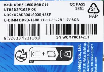 Память DDR3 8GB 1600MHz Netac NTBSD3P16SP-08 Basic RTL PC3-12800 CL11 DIMM 240-pin 1.5В dual rank Ret - фото 5