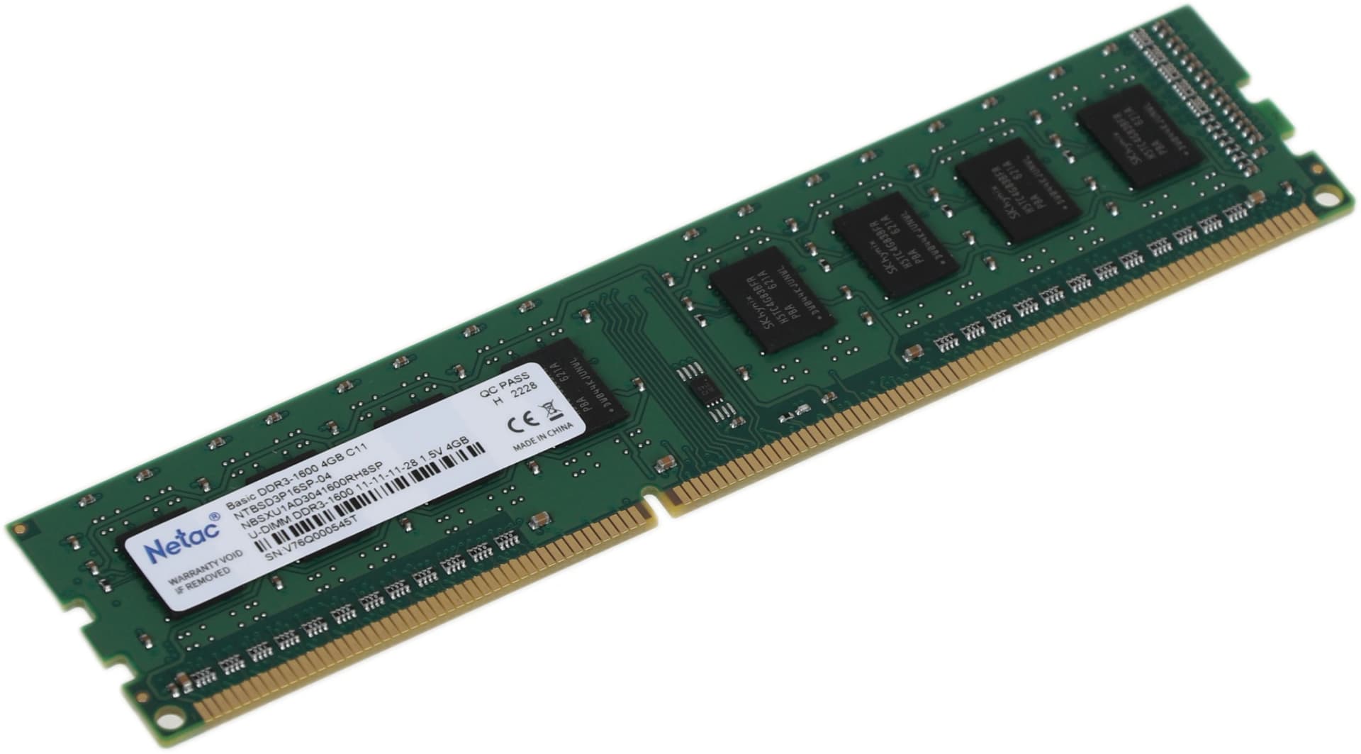 Память DDR3 4GB 1600MHz Netac NTBSD3P16SP-04 Basic RTL PC3-12800 CL11 DIMM 240-pin 1.5В dual rank Ret