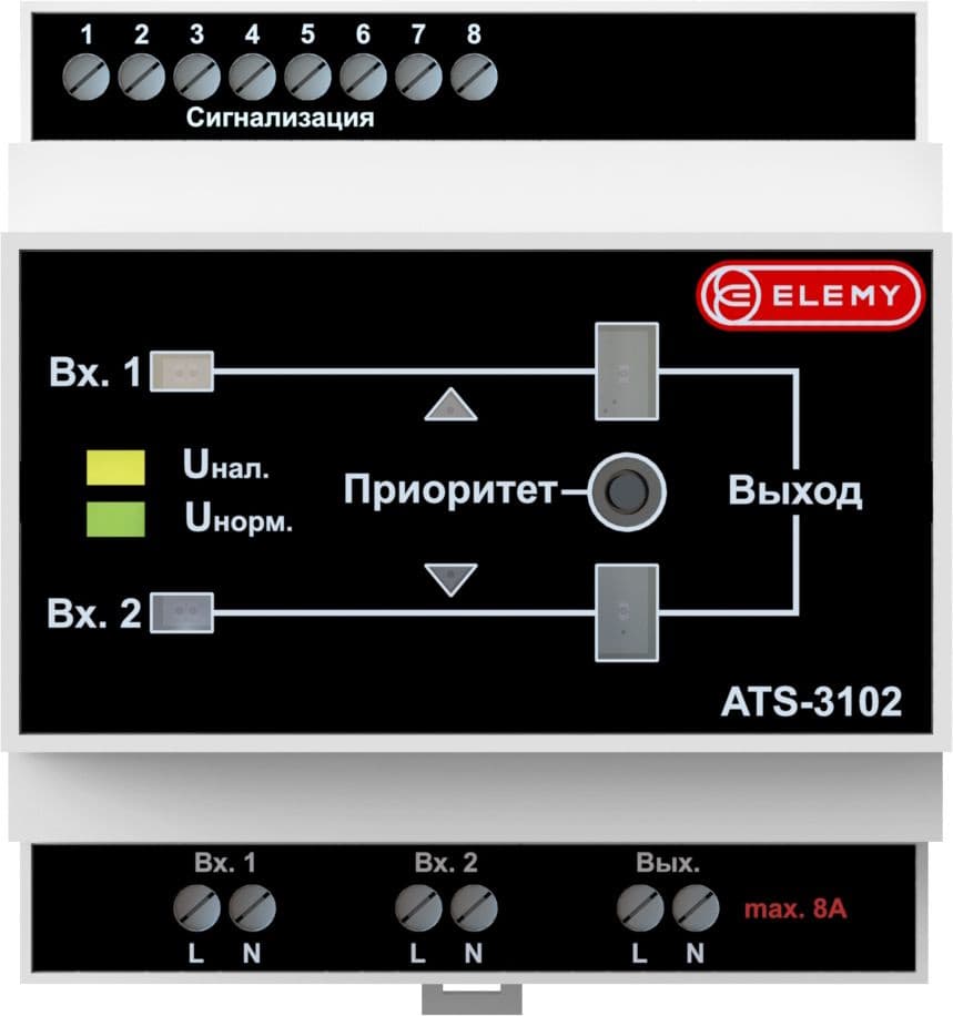 АВР Elemy ATS-3102 5DIN ввод:2xвинтовая клема выход:1xвинтовая клема8A серый
