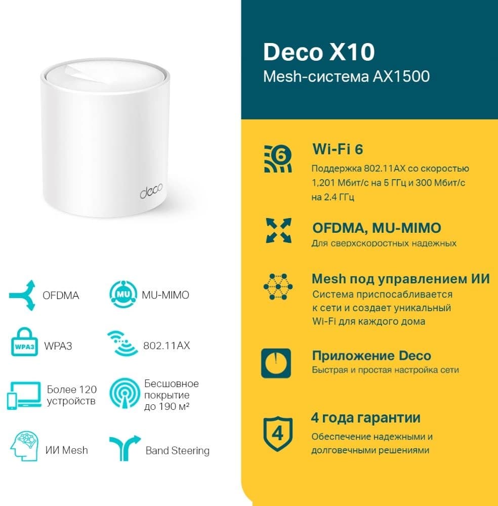 Бесшовный Mesh роутер TP-Link Deco X10 (DECO X10(1-PACK)) AX1500 10/100/1000BASE-TX белый - фото 1