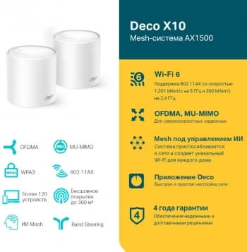 Бесшовный Mesh роутер TP-Link Deco X10 (DECO X10(2-PACK)) AX1500 10/100/1000BASE-TX белый (упак.:2шт) - фото 2
