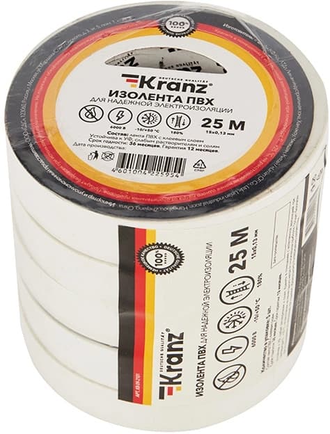 Изолента Kranz KR-09-2101 ш.15мм 25м белый - фото 4