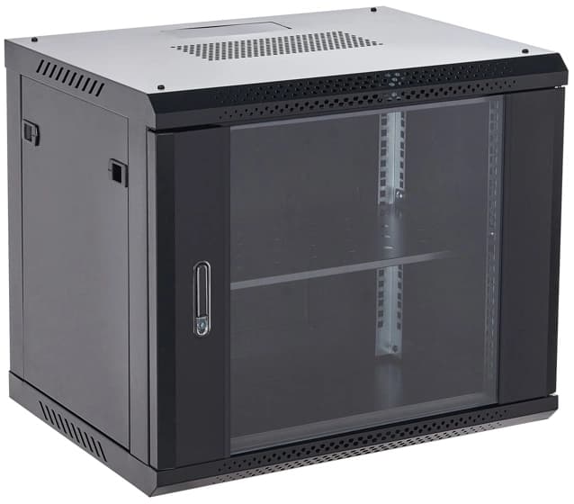 Шкаф коммутационный Rexant (04-1266-112) настенный 12U 600x600мм пер.дв.стекл металл 2 бок.пан. направл.под винты 60кг черный 19кг 230град. 635мм IP20 сталь - фото 1