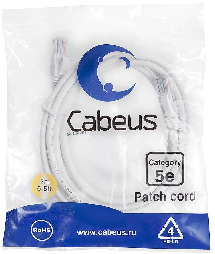 Патч-корд Cabeus PC-UTP-RJ45-CAT.5E-2M-WH-LSZH U/UTP RJ-45 вил.-вилка RJ-45 кат.5E 2м белый LSZH - фото 1