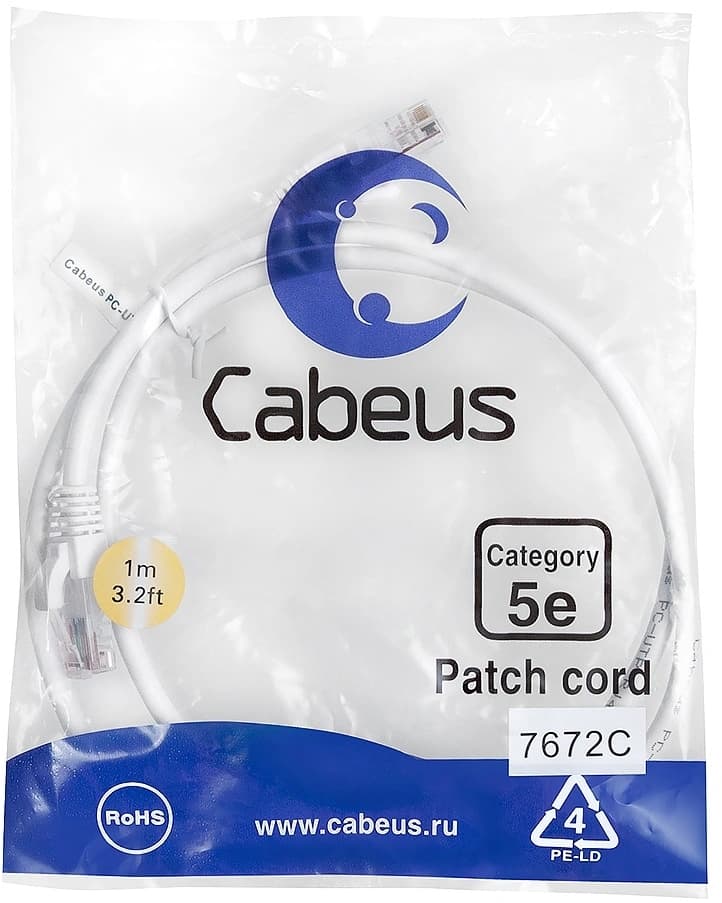 Патч-корд Cabeus PC-UTP-RJ45-CAT.5E-1M-WH-LSZH U/UTP RJ-45 вил.-вилка RJ-45 кат.5E 1м белый LSZH - фото 1