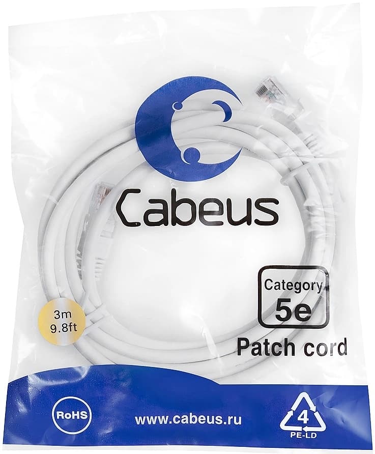 Патч-корд Cabeus PC-UTP-RJ45-CAT.5E-3M-WH U/UTP RJ-45 вил.-вилка RJ-45 кат.5E 3м белый ПВХ - фото 1