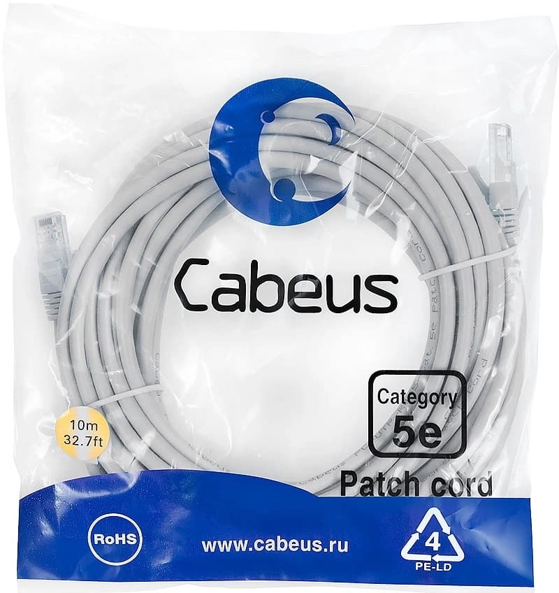 Патч-корд Cabeus PC-UTP-RJ45-CAT.5E-15M-LSZH U/UTP RJ-45 вил.-вилка RJ-45 кат.5E 15м серый LSZH - фото 1