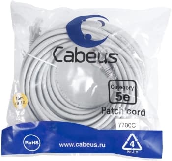 Патч-корд Cabeus PC-UTP-RJ45-CAT.5E-15M U/UTP RJ-45 вил.-вилка RJ-45 кат.5E 15м серый ПВХ - фото 2