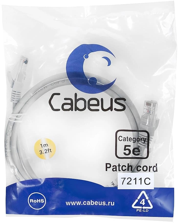 Патч-корд Cabeus PC-UTP-RJ45-CAT.5E-1M U/UTP RJ-45 вил.-вилка RJ-45 кат.5E 1м серый ПВХ - фото 1