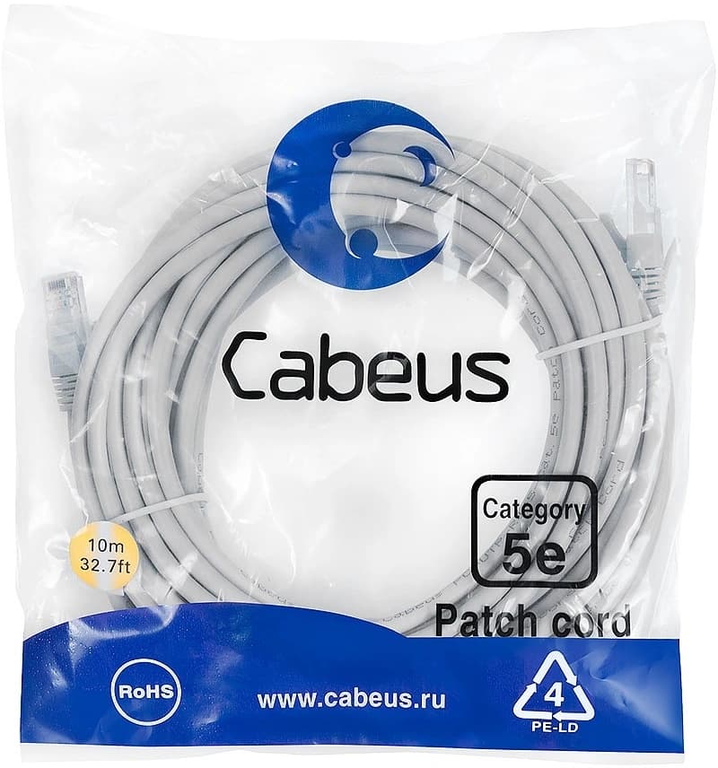 Патч-корд Cabeus PC-UTP-RJ45-CAT.5E-10M U/UTP RJ-45 вил.-вилка RJ-45 кат.5E 10м серый ПВХ - фото 1