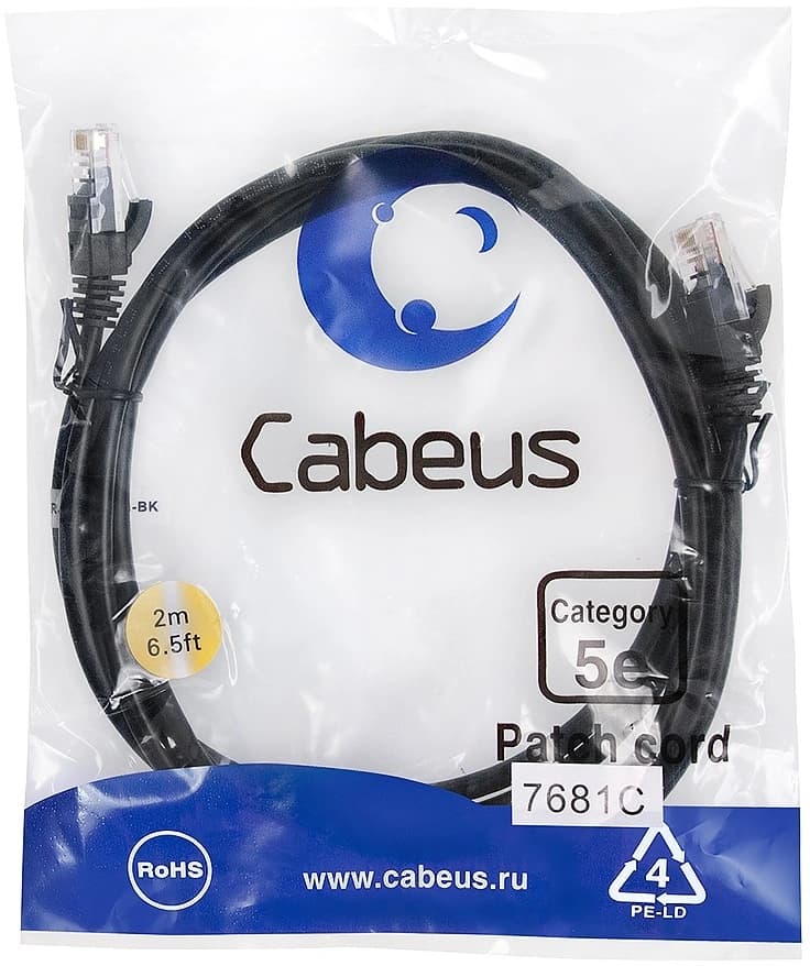 Патч-корд Cabeus PC-UTP-RJ45-CAT.5E-2M-BK U/UTP RJ-45 вил.-вилка RJ-45 кат.5E 2м черный ПВХ - фото 1