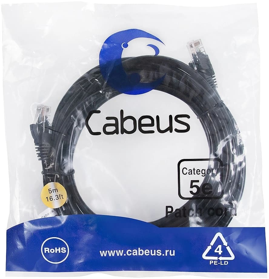 Патч-корд Cabeus PC-UTP-RJ45-CAT.5E-5M-BK U/UTP RJ-45 вил.-вилка RJ-45 кат.5E 5м черный ПВХ - фото 1