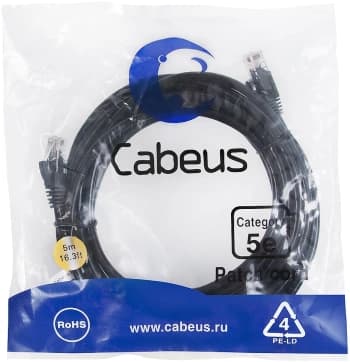 Патч-корд Cabeus PC-UTP-RJ45-CAT.5E-5M-BK U/UTP RJ-45 вил.-вилка RJ-45 кат.5E 5м черный ПВХ - фото 2