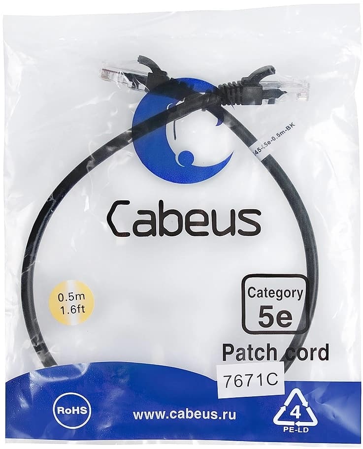 Патч-корд Cabeus PC-UTP-RJ45-CAT.5E-0.5M-BK U/UTP RJ-45 вил.-вилка RJ-45 кат.5E 0.5м черный ПВХ - фото 1