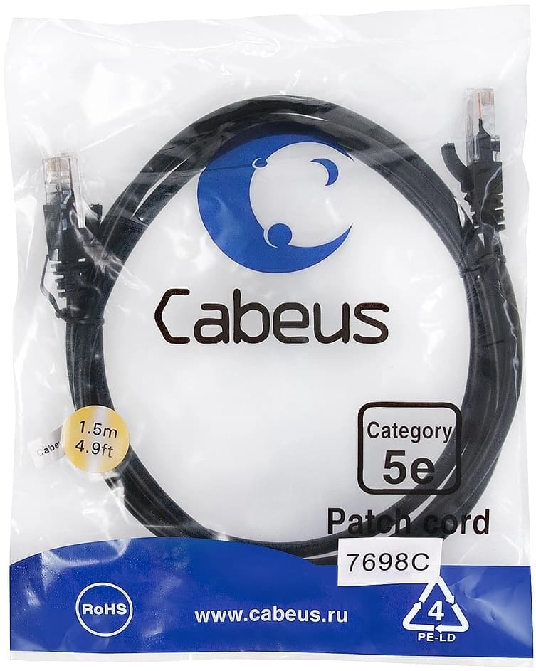 Патч-корд Cabeus PC-UTP-RJ45-CAT.5E-1.5M-BK U/UTP RJ-45 вил.-вилка RJ-45 кат.5E 1.5м черный ПВХ - фото 1