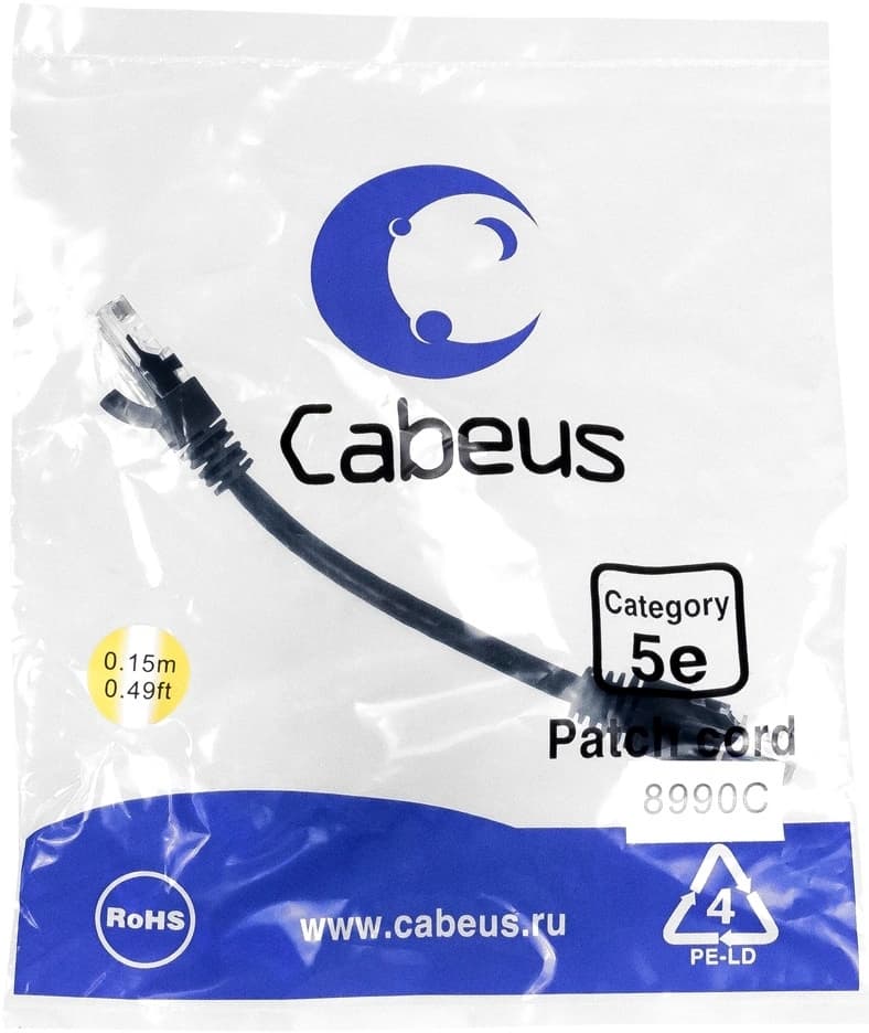 Патч-корд Cabeus PC-UTP-RJ45-CAT.5E-0.15M-BK U/UTP RJ-45 вил.-вилка RJ-45 кат.5E 0.15м черный ПВХ - фото 1