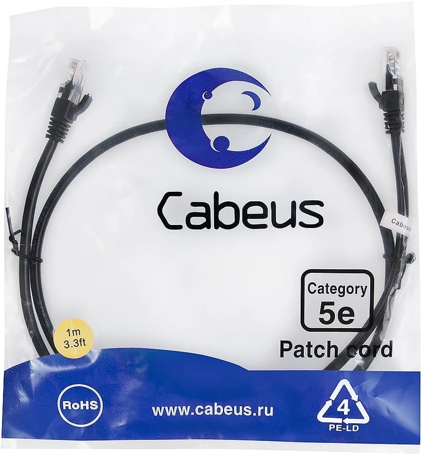 Патч-корд Cabeus PC-UTP-RJ45-CAT.5E-1M-BK-LSZH U/UTP RJ-45 вил.-вилка RJ-45 кат.5E 1м черный LSZH - фото 1