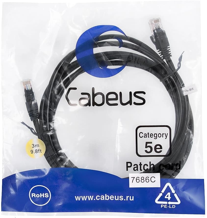 Патч-корд Cabeus PC-UTP-RJ45-CAT.5E-3M-BK-LSZH U/UTP RJ-45 вил.-вилка RJ-45 кат.5E 3м черный LSZH - фото 1