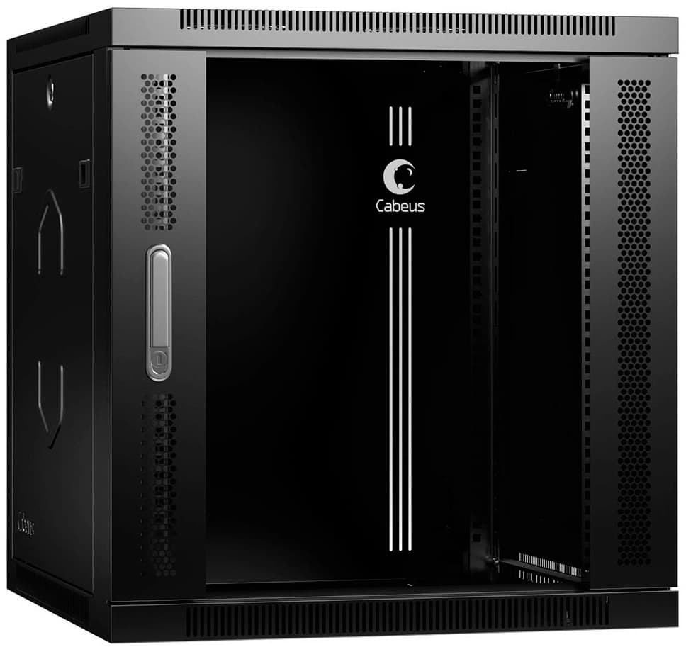 Шкаф коммутационный Cabeus (SH-05F-12U60/45-R-BK) настенный 12U 600x450мм пер.дв.стекл 50кг черный 390мм 25кг 220град. 635мм IP20 сталь - фото 4