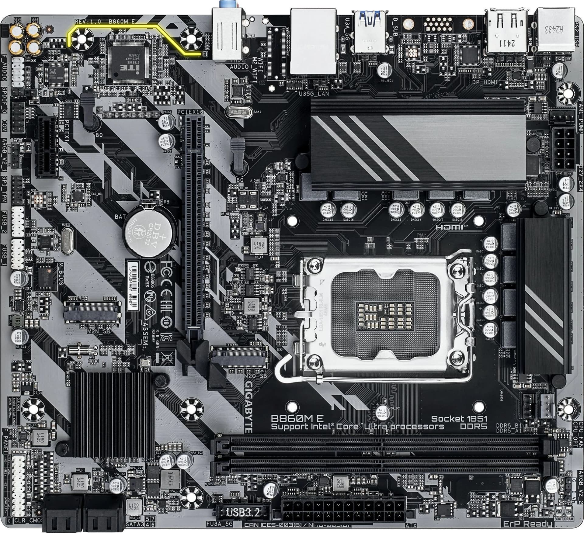 Материнская плата Gigabyte B860M E Soc-1851 Intel B860 2xDDR5 mATX AC`97 8ch(7.1) GbLAN RAID+HDMI+DP