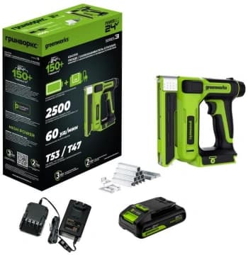 Степлер аккумуляторный Greenworks G24CS10 скобы тип 53: 6-14мм гвозди тип 47: 14мм - фото 2