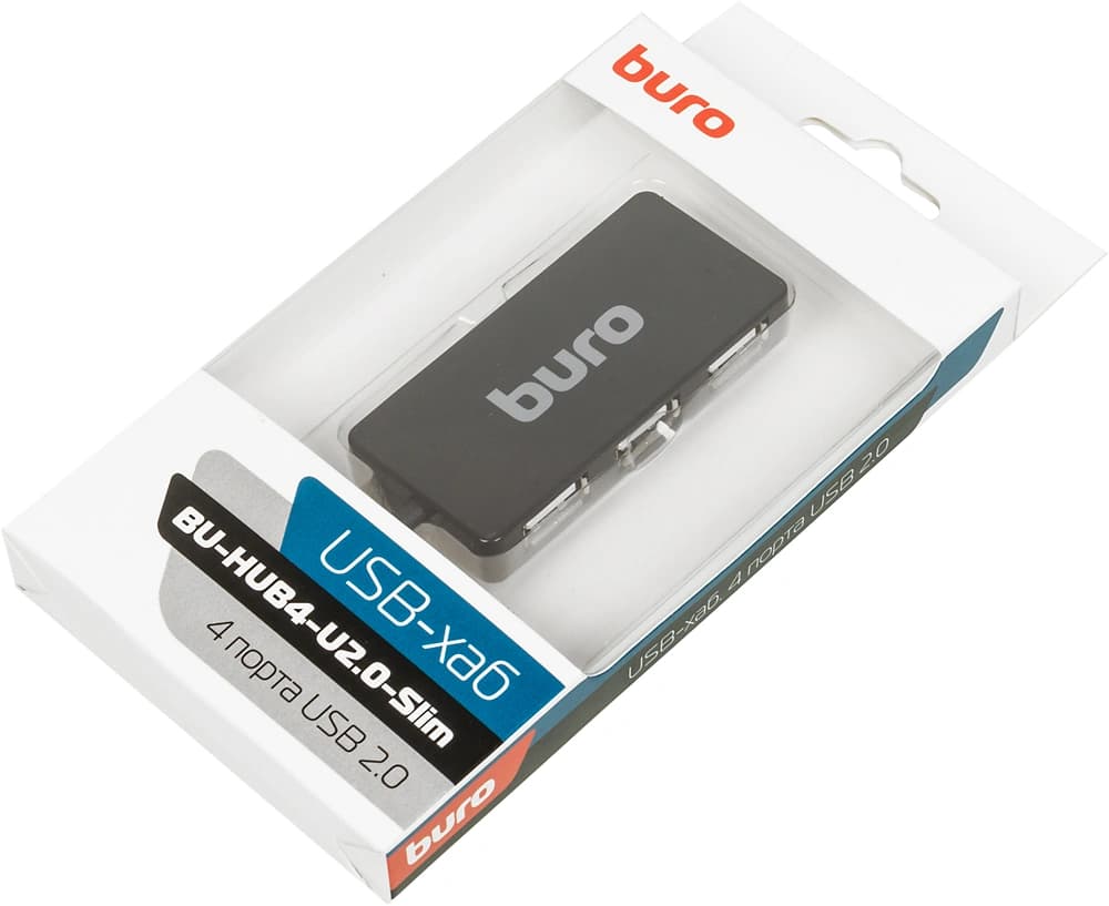 Разветвитель USB 2.0 Buro BU-HUB4-U2.0-Slim 4порт. черный - фото 1