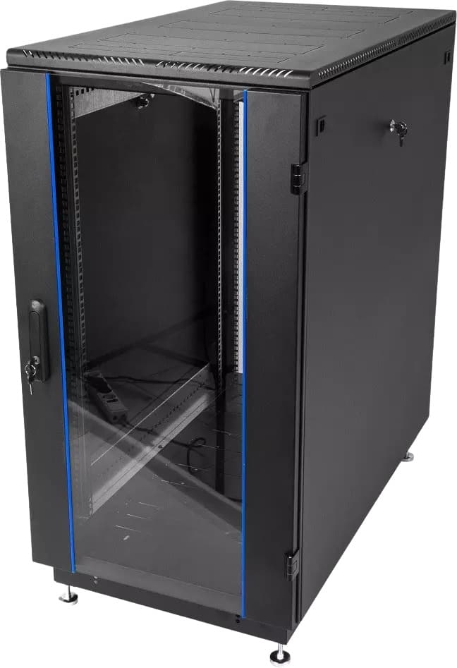 Шкаф коммутационный ЦМО (ШТК-М-18.6.6-1ААА-9005) напольный 18U 600x600мм пер.дв.стекл задн.дв.стал.лист 2 бок.пан. направл.под закл.гайки 270кг черный 455мм 48.6кг 180град. 960мм IP20 сталь - фото 1
