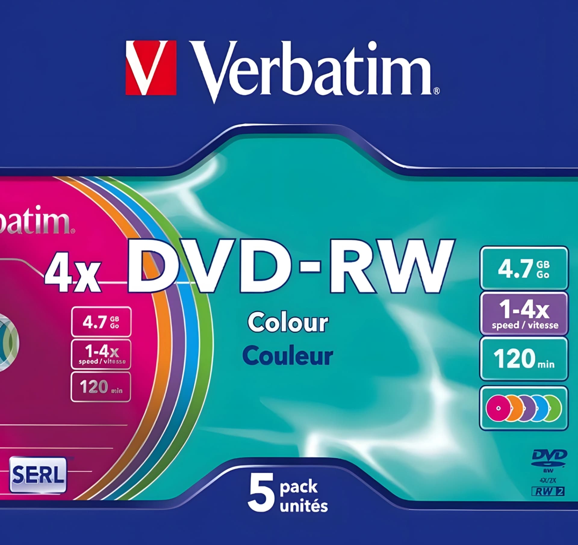 Диск DVD-RW Verbatim 4.7Gb 4x Slim case (5шт) Color (43563) - фото 4