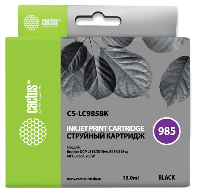 Картридж струйный Cactus CS-LC985BK черный (15мл) для Brother DCPJ315W/DCPJ515W/MFCJ265W с чипом