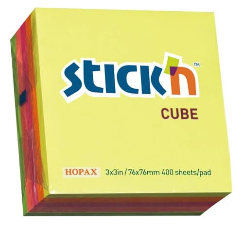 Блок самоклеящийся бумажный Stick`n 21012 76x76мм 400лист. 70г/м2 неон 5цв.в упак.
