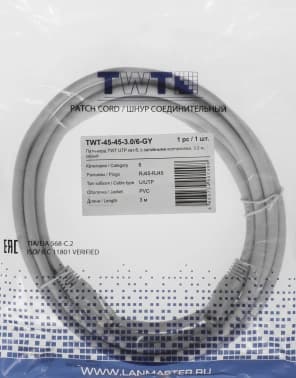 Патч-корд Lanmaster TWT-45-45-3.0/6-GY UTP RJ-45 вил.-вилка RJ-45 кат.6 3м серый ПВХ (уп.:1шт) - фото 2