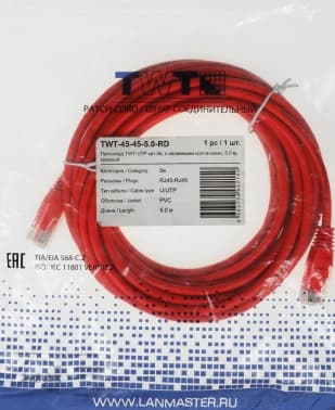 Патч-корд Lanmaster TWT-45-45-5.0-RD UTP RJ-45 вил.-вилка RJ-45 кат.5E 5м красный ПВХ (уп.:1шт) - фото 2