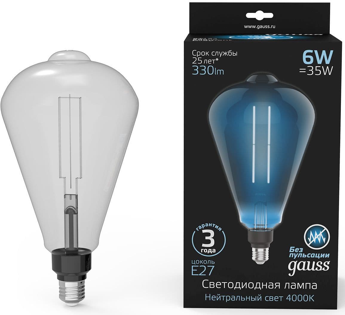 Лампа филам. Gauss Filament Vintage 6Вт цок.:E27 эдисон 220B св.свеч.бел.нейт. (упак.:1шт) (157802205)