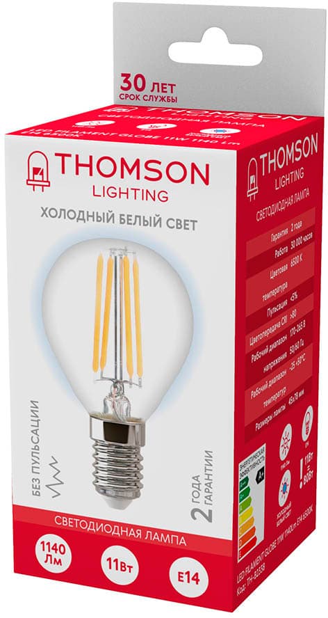 Лампа филам. Thomson Filament TH-B2338 11Вт цок.:E14 шар 220B св.свеч.бел.хол. Globe (упак.:1шт) - фото 2