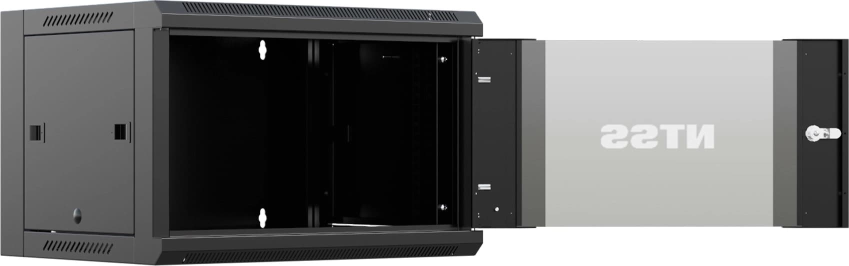 Шкаф коммутационный NTSS NTSS-W12U6045GS (NTSS-W12U6045GS-BL) настенный 12U 570x450мм пер.дв.стекл 60кг черный 350мм 22.2кг 220град. 635мм IP20 сталь - фото 5