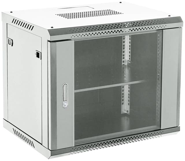 Шкаф коммутационный Rexant (04-0964-111) настенный 9U 600x450мм пер.дв.стекл металл 2 бок.пан. направл.под винты 60кг серый 13.75кг 230град. 368мм IP20 сталь - фото 1