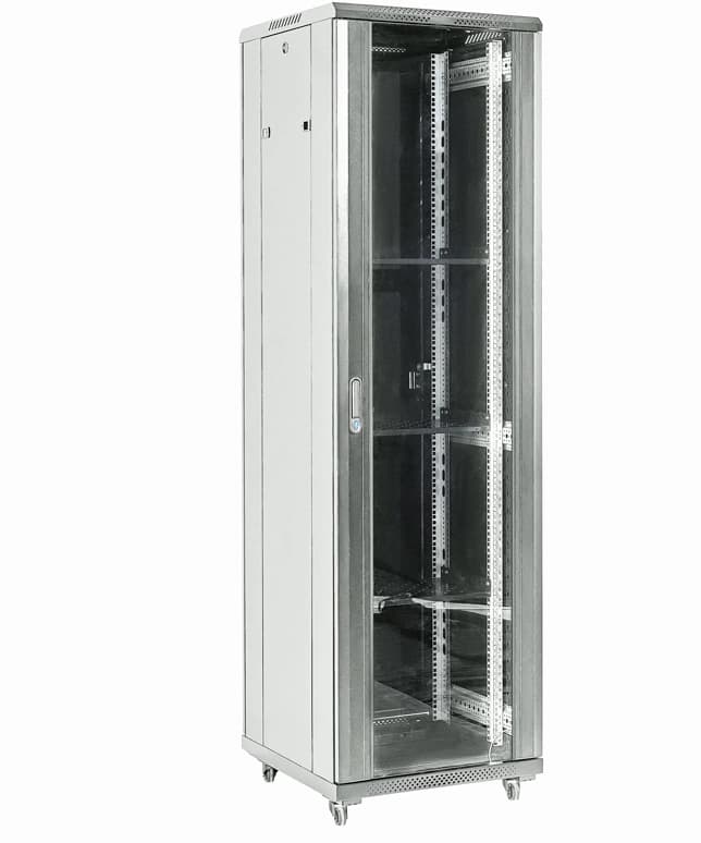 Шкаф коммутационный Rexant (04-2766-211) напольный 27U 600x600мм пер.дв.стекл металл 2 бок.пан. направл.под винты 800кг серый 56кг 230град. 1387мм IP20 сталь - фото 1