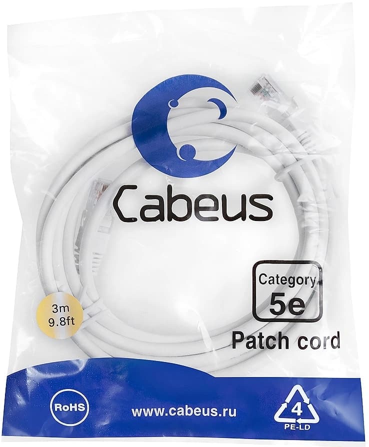 Патч-корд Cabeus PC-UTP-RJ45-CAT.5E-3M-WH-LSZH U/UTP RJ-45 вил.-вилка RJ-45 кат.5E 3м белый LSZH - фото 1