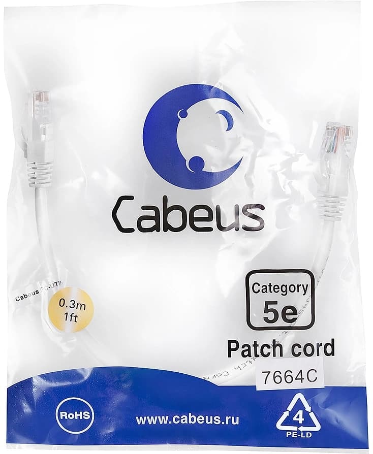 Патч-корд Cabeus PC-UTP-RJ45-Cat.5e-0.3m-WH U/UTP RJ-45 вил.-вилка RJ-45 кат.5E 0.3м белый ПВХ - фото 1