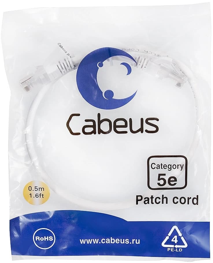 Патч-корд Cabeus PC-UTP-RJ45-CAT.5E-0.5M-WH U/UTP RJ-45 вил.-вилка RJ-45 кат.5E 0.5м белый ПВХ - фото 1