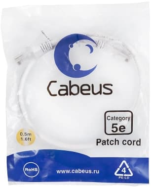 Патч-корд Cabeus PC-UTP-RJ45-CAT.5E-0.5M-WH U/UTP RJ-45 вил.-вилка RJ-45 кат.5E 0.5м белый ПВХ - фото 2