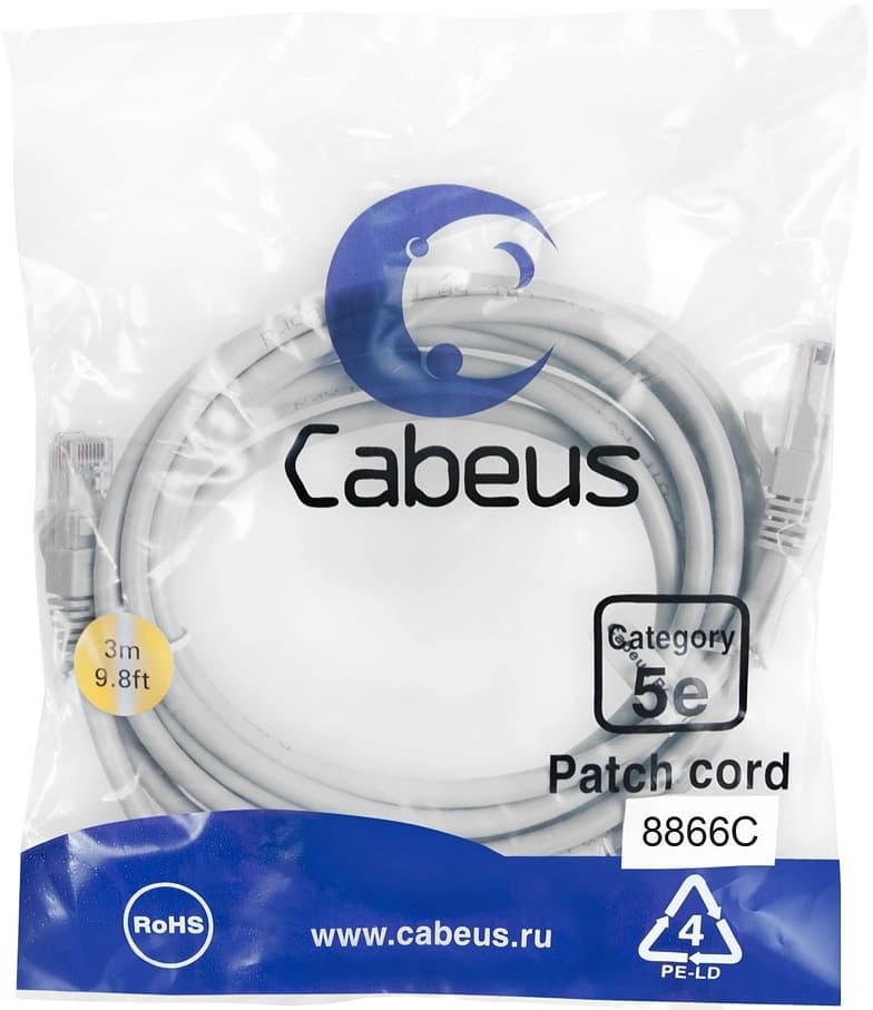 Патч-корд Cabeus PC-UTP-RJ45-CAT.5E-3M-LSZH U/UTP RJ-45 вил.-вилка RJ-45 кат.5E 3м серый LSZH - фото 1